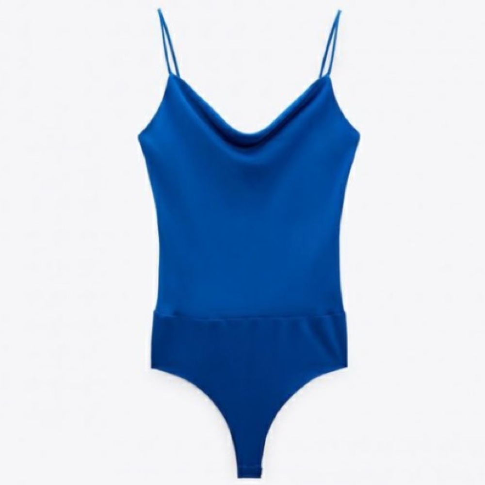 Zara blue satin effect cowl neck bodysuit